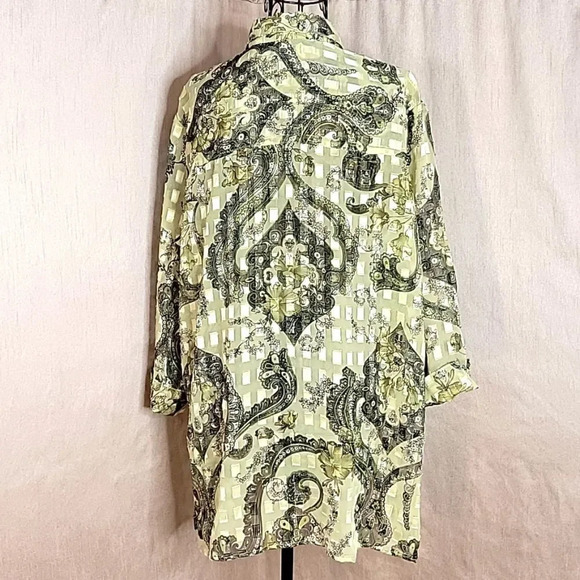 GRAFF Floral Paisley Green and Gold Semi‎ Sheer Blouse XL - Picture 6 of 7